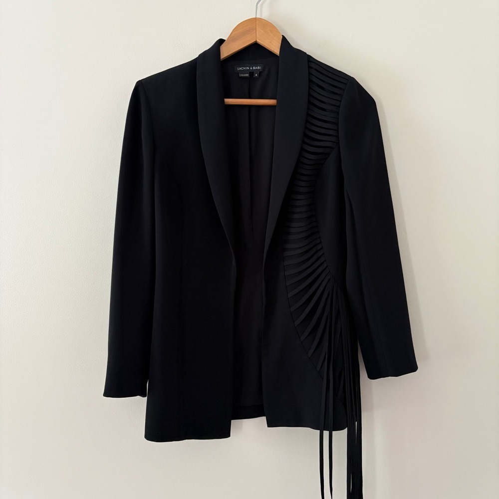Sachin & Babi Blazer Size 4 Black Avant Garde Fringe Architectural Statement